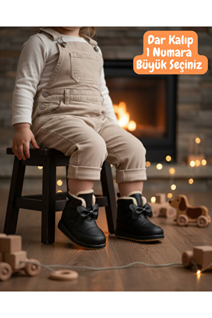 Anatomical Baby Girl Children's Rain Snow Winter Velcro Bow Ribbon Boots Shoes with Fur Inside and Wool Inside