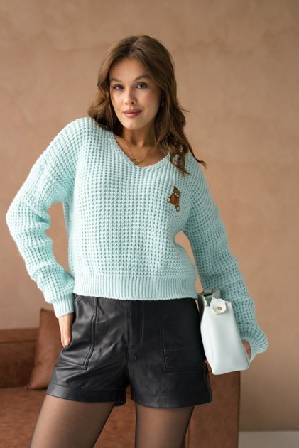 Oversized V-Neck Teddy Bear Print Knit Sweater AW25KZ0068