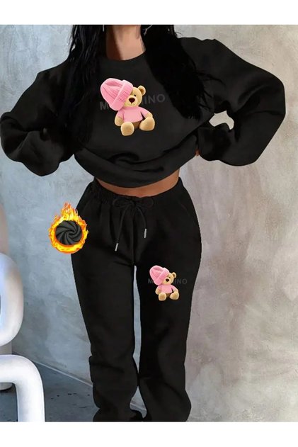 Unisex Men's Women's Pink Bear Printed 3 Thread Crew Neck Tracksuit Set
