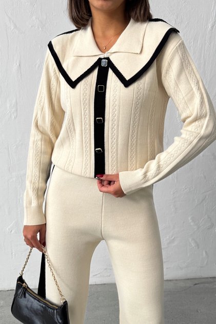 Women's Ecru Stylish Collar Detailed Buttoned Blouse Pants Bottom Top Two-Piece Knitwear Set