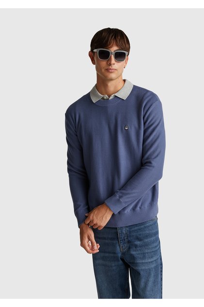Men's Aviator Blue Cotton Blend Crew Neck Sweatshirt with Embroidered Logo on the Front