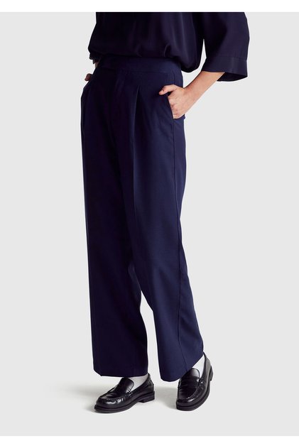 Women's navy blue viscose blend wide leg pants with back pocket detail