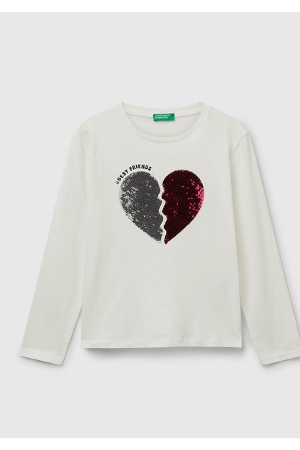 Girl's Burgundy Sequined Front Printed Ribbed Collar Long Sleeve T-Shirt