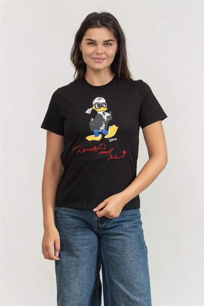Kadın Bisiklet Yaka T-Shirt Siyah