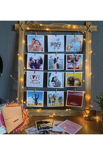 Kişiye Özel 12 Fotoğraflı 3 Mt Peri Led Işıklı Mandallı Masif Ahşap Fotoğraf Çerçevesi