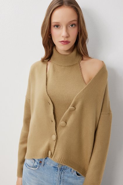 2-Piece Knitwear Blouse-Cardigan Set Lmt0047 Olive Green
