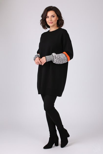 Oversized Crew Neck Sleeve Detailed Argyle Patterned Knitwear Sweater Tunic - Black