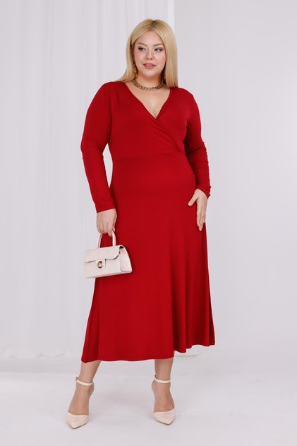 Women's Burgundy Double-Breasted Collar Plus Size Stretchy Maxi Dress