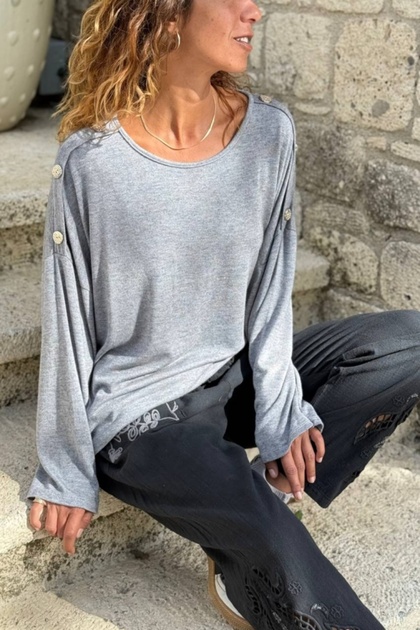 Italian Gray Boat Neck Soft Textured Shoulder Buttoned Wool Blend Loose Sweater 70 60
