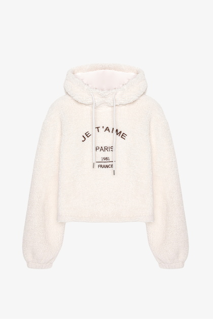 Kapüşonlu Nakışlı Peluş Sweatshirt Ekru