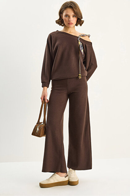 Women's Bitter Brown Shawl Accessory One-Shoulder Top and Loose Trousers Thessaloniki Set 6940 60283708