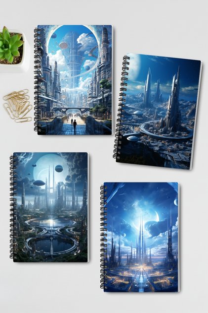 Futuristic Cities Themed Design Wire Spiral A5 Unlined 4-Piece Souvenir, Memory, School Notebook Set