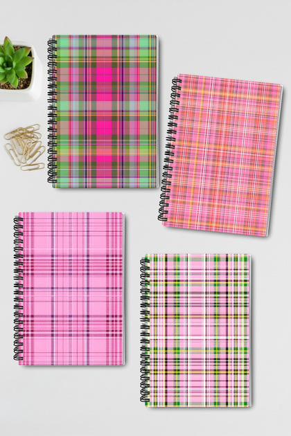 Vintage Plaid Patterned Design Wire Spiral A5 Unlined 4-Piece Souvenir, Memory, School Notebook Set