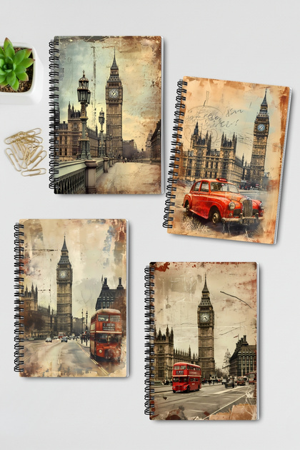 Vintage London Design Wire Spiral A5 Unlined 4-Piece Souvenir, Memory, School Notebook Set