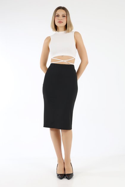 Women's Black Diver Fabric Pencil Skirt with Elastic Waist and Back Slit Below the Knee