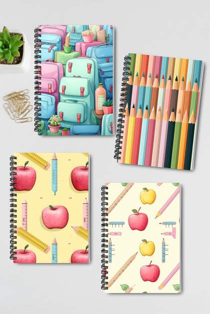 Back to School Design Wire Spiral A5 Unlined 4-Piece Souvenir, Memory, School Notebook Set
