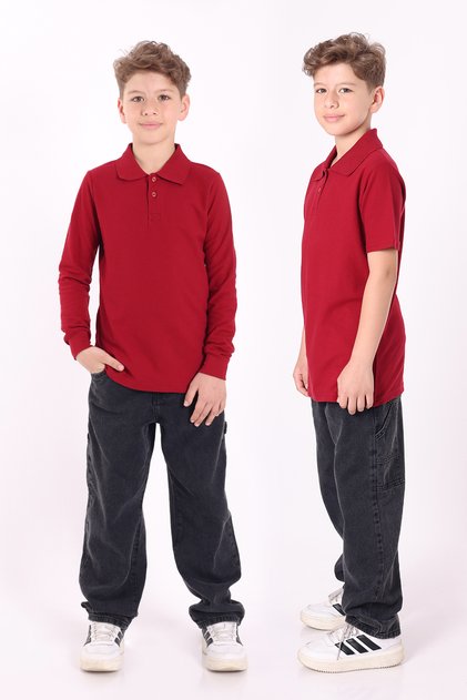 Unisex Children's Polo Neck School T-Shirt Basic Short Sleeve 2-Piece School Long Sleeve T-Shirt 5-16 Years Old Burgundy