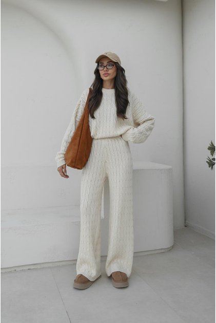 Ecru Megna Hair Knit Sweater Pants Set