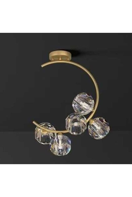 Candelabru modern, 5 globuri de cristal K9, soclu G9, diametru 35 cm, corp auriu