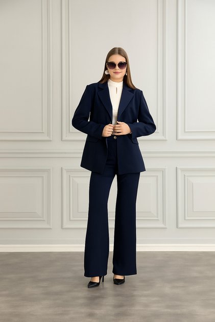 Astarlı Saten Detaylı Blazer Ceket Pantolon Takım