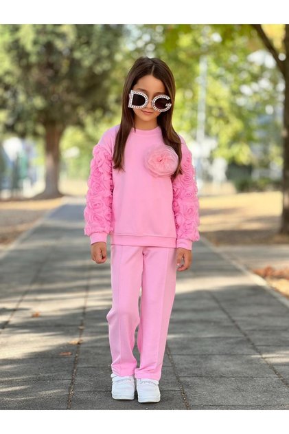 Rose Detail Girls Top and Bottom Tracksuit Set
