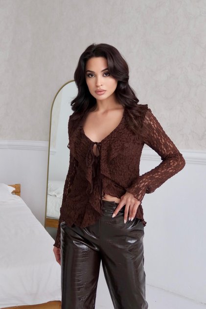 Coffee-Colored Ruffled Lace Blouse
