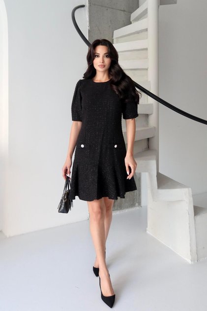 Black Tweed Fabric Pocket Detailed Flared Dress