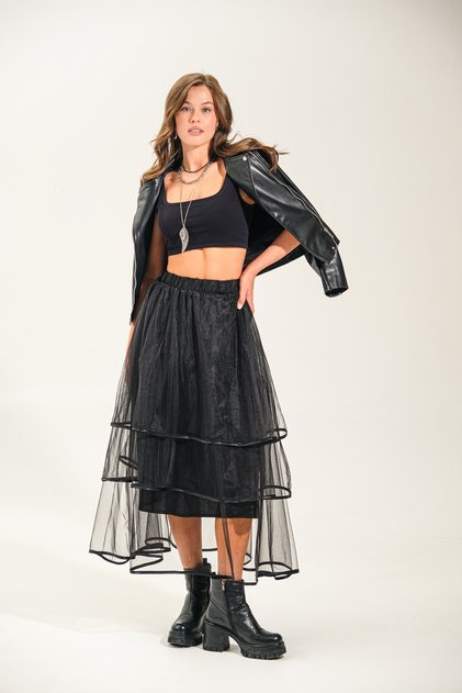 Black Long Tulle Skirt with Special Design Layers