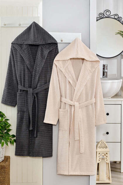 Doğa Set of Hooded Anthracite Beige Bathrobes
