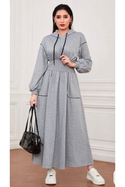 Women's Fleece-Lined Gray K Hooded Long Sports Dress – Comfortable Fit, Double Pockets, 100% Cotton Fabric