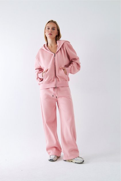 Women's Oversized Pink Zip Tracksuit - Zippered, Hooded, Wide-Leg, 3-Thread Brushed Inside Fleece