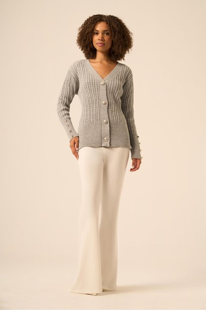 Women's Openwork V-Neck Knitwear Cardigan Gray 25237