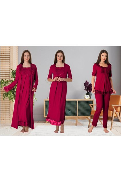 Women's Fuchsia Lace Detailed Design Full Length Maternity Dressing Gown Nightgown Pajama Set 4-Piece Set