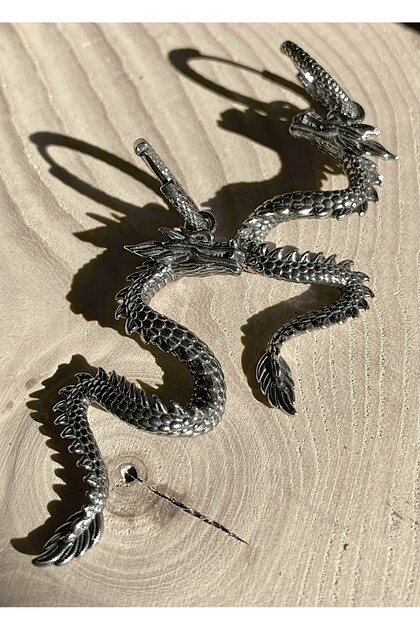 Dragon Dangle Hoop Threader S+ Quality 316L Stainless Tarnish-Free Steel Earrings Pair
