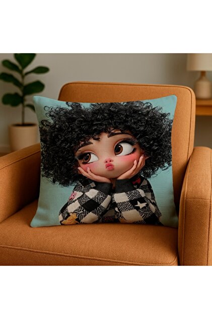 Digital Printed Haired Girl Patterned Decorative Throw Pillow Cover 43X43 cm