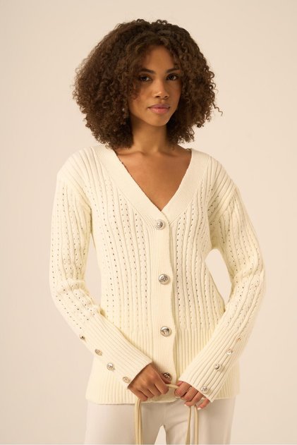Women's Braided V-Neck Knitwear Cardigan Ecru 25168