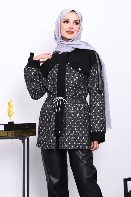 Black Pocketed Waist Drawstring Jacket