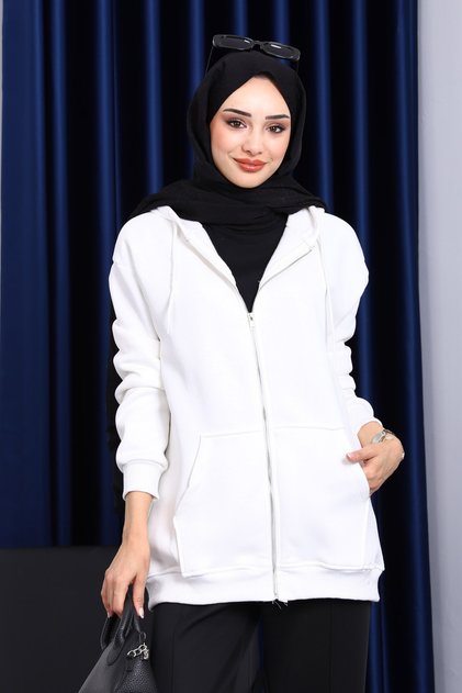 Ecru Pocketed Zippered Three Thread Fleece-Lined Cardigan