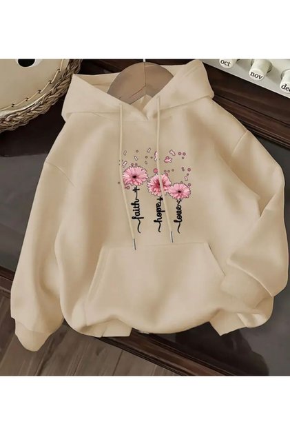 Floral Print Detailed Hooded Sweatshirt with Fleece Inside