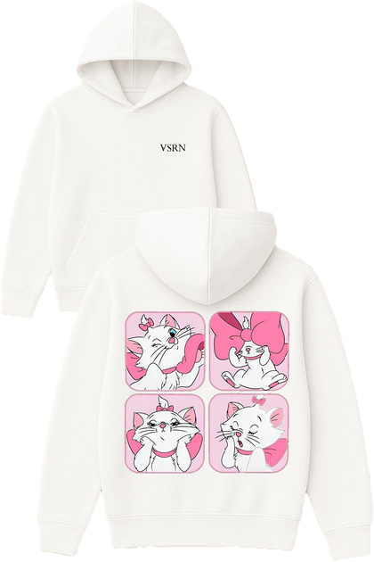 Sweet Lovely Cat Design Printed Oversized White Hooded Sweatshirt