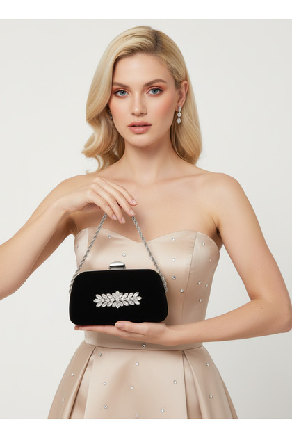 Black Color Suede Chain Detailed Chain Handle Women's Evening Dress Bag