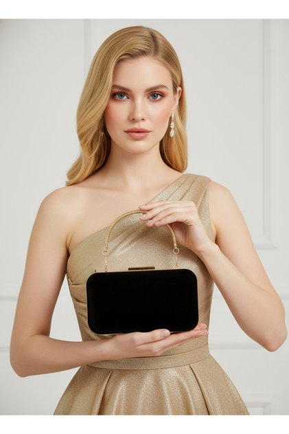 Elegant Black Suede Evening Bag | Silver Crystal Stone Evening Clutch