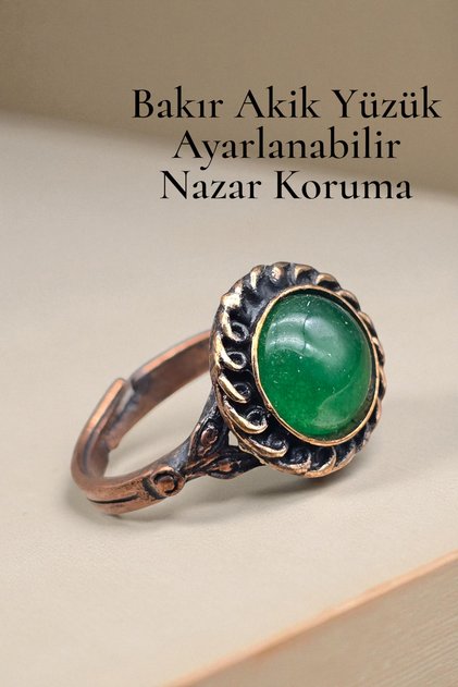 Copper Ring with Natural Stone Adjustable Quality Evil Eye Protection (Gift, Special Day) Vintage Antique