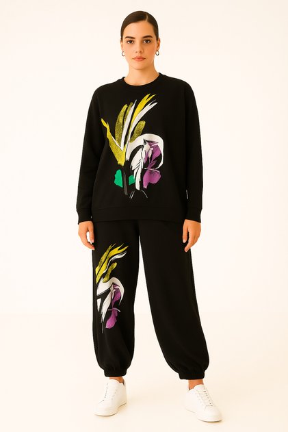Women's Beaded Detailed Bottom Top Black Tracksuit Set