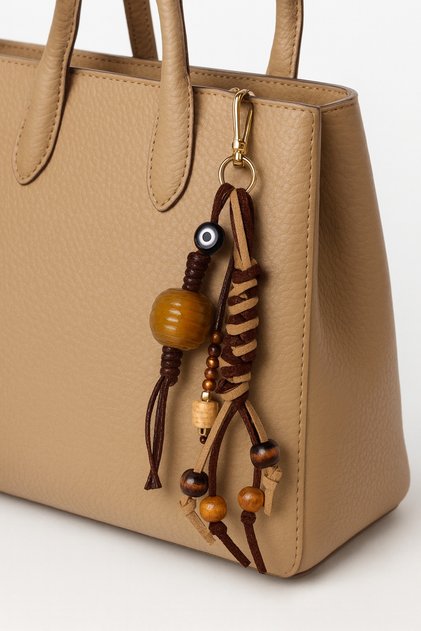 Handmade Suede and Faux Leather Drawstring Bag Ornament Charm – 5 Color Options, with Wooden Bead Detail