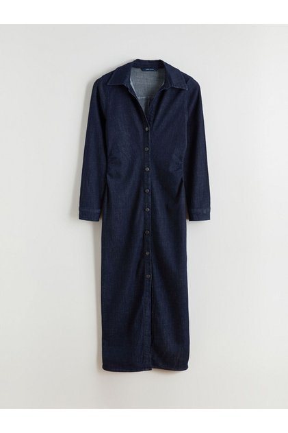 Indigo Shirt Collar Gathered Jean Dress