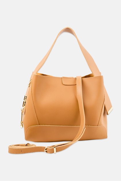 Women Brand Logo Shoulder Bag With Pouch, Light Brown