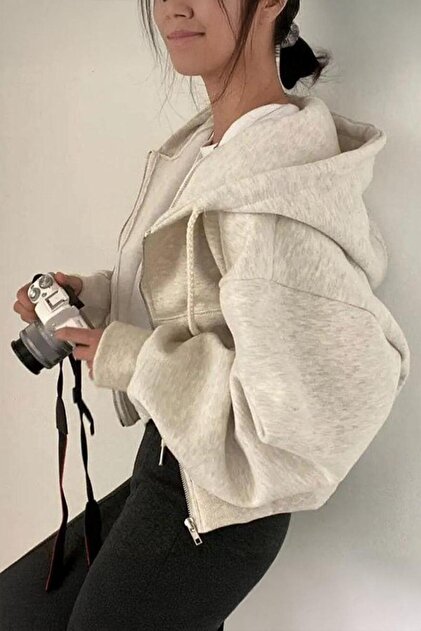 Hanorac cropped basic cu fermoar, material gros