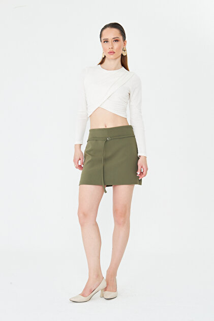 fustă pantalon scurtă Fusta pentru femei cu pantaloni scurți, cu cataramă metalică, cu centură, cu fermoar lateral, țesătură verde