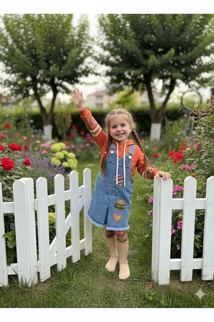 Eid Girls' Denim Overalls with Pantyhose Set Special Design (Denim Dress+Hooded Blouse+Stockings)